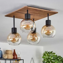 Plafonnier Vouhet Brun, Couleur Bois, Noir, 4 Lumieres