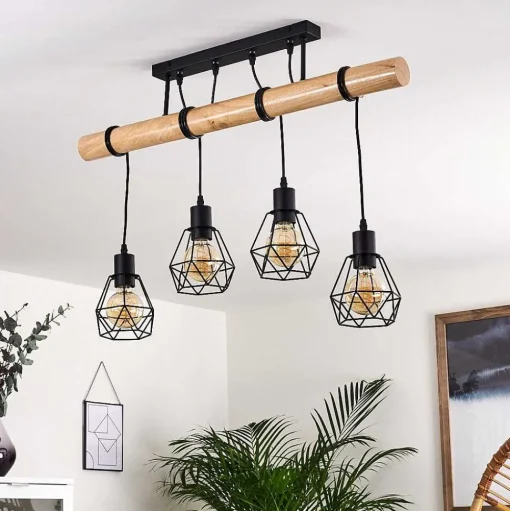 Plafonnier Yaak Bois Clair, Noir, 4 Lumieres